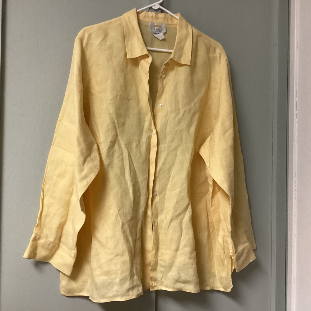 Vtg Talbots  Irish Linen Top Petite Plus 24W Button Down  Yellow Long Sleeves